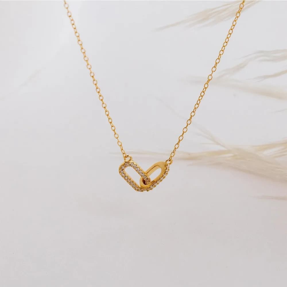 Exquisite simple gold color stainless steel geometry double ring micro inlay zircon necklace for gift jewelry with chain woman collar