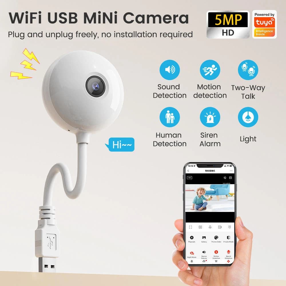 Telecamera di Sicurezza WIFI USB Mini Tuya per Interni con Rilevamento di Movimento per Monitoraggio Bambini e Animali Domestici, 5MP, Allarme, Visione Notturna a Colori, Telecamera Domestica