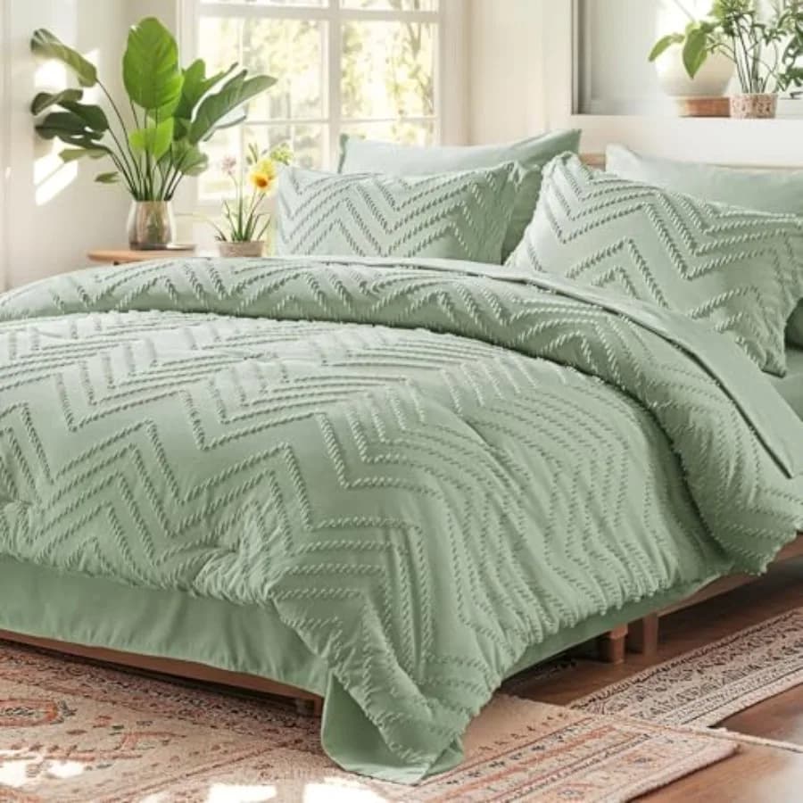 Set Copripiumino Verde Salvia Trapuntato 7 Pezzi con Piumone, 2 Federe, 2 Fodere per Cuscini, 1 Lenzuolo Piatto, 1 Lenzuolo con Angoli