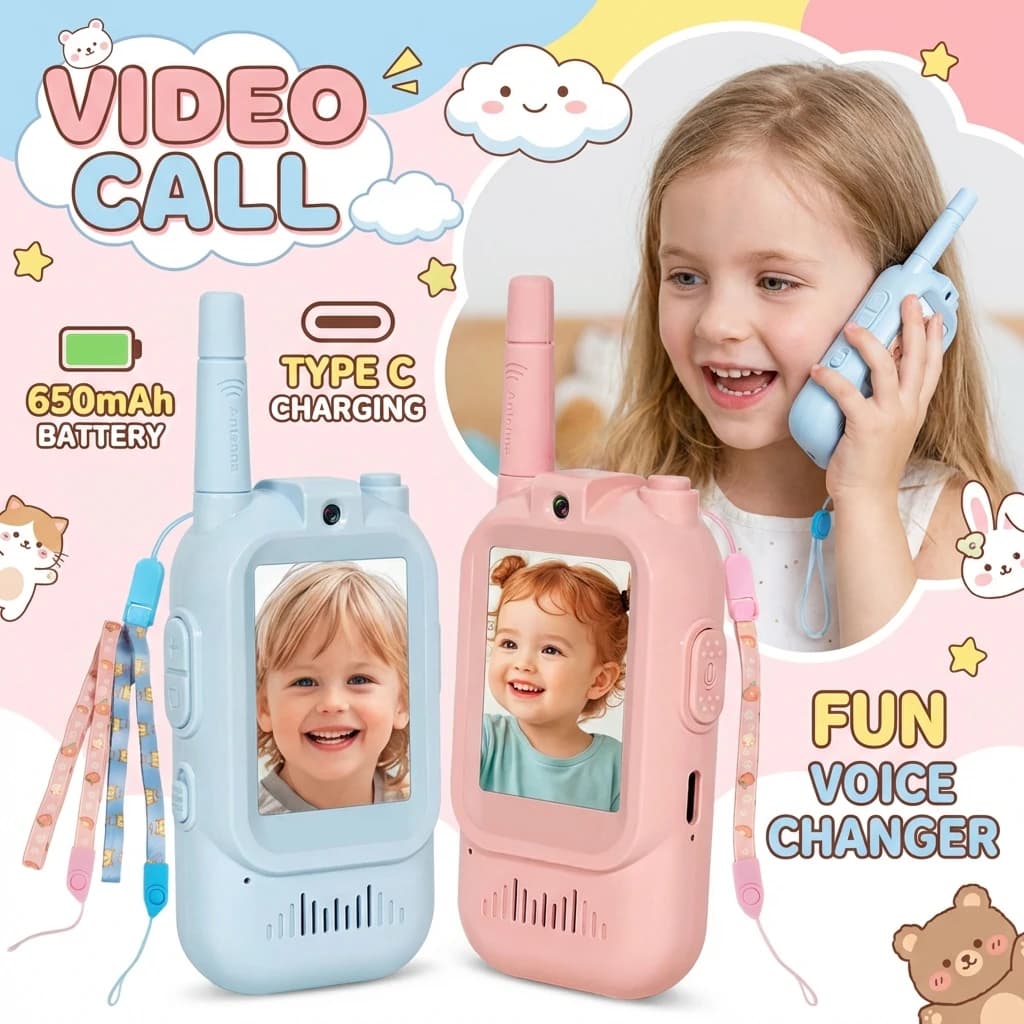 Walkie-talkie video per bambini, confezione da 2, ricaricabili, schermo ad alta definizione da 2 pollici, modificatore di voce, per giocattoli per bambini, regalo per ragazzi e ragazze