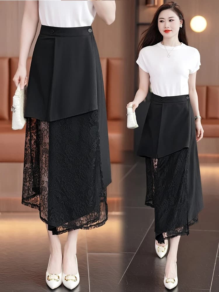 Gonna Midi Nera a Vita Alta con Inserti in Pizzo, Sottile, Estiva, a Trapezio, per Donna, Stile Coreano, Casual da Lavoro, Modello Sandal Shape