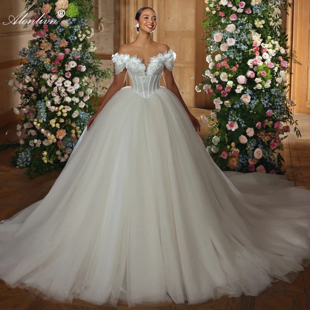 Alonlivn Soft Tulle Off Shoulder Sweetheart Ball Gown Bride Dresses Beading Flowers Appliques Lace Princess Wedding Gowns