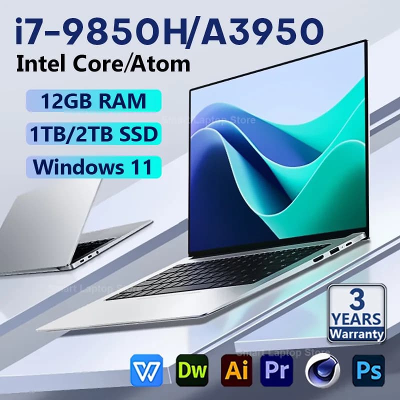 2026 Computer portatile PC Intel Core i7 9850H Atom A3950 Home Notebook 14.1 "Ultra sottile 12 GB di RAM 1 TB 2 TB Studio da ufficio Windows 11