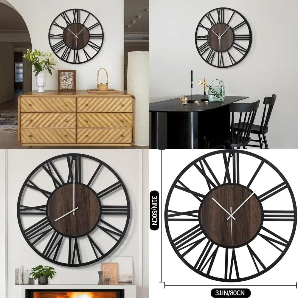 32 Inch Vintage Style Silent Round Wall Clock, Battery, with Black Roman Numerals for Home and Office