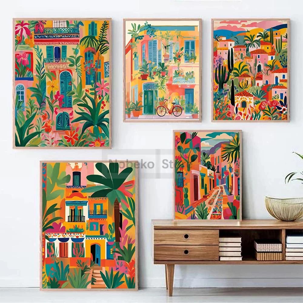 Vibrant Mexican Building Poster Colorful Floral Botanical Landscape Canvas Prints Wall Art for Home Room Decor