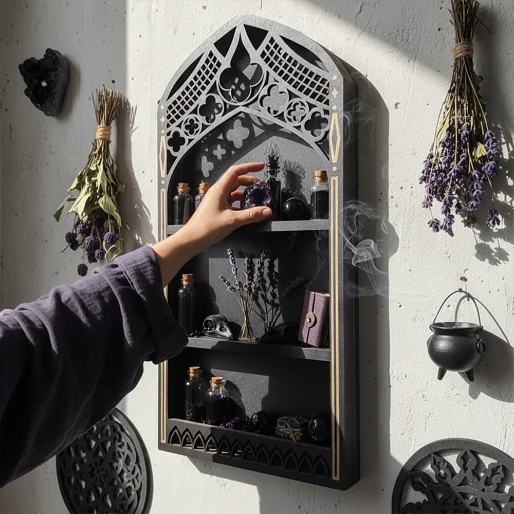 Gothic Window Crystal Shelf Display for Wall, Wooden Gem Stone Rock Storage Holder Trinkets Organizer, Wall Mount Stand Case Box