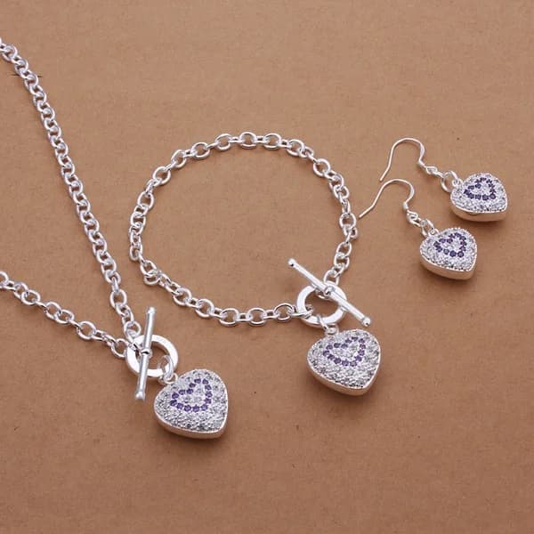 Fine 925 collana in argento sterling bracciali orecchini a cuore matrimonio regalo di san valentino Set di gioielli di moda in cristallo nobile S372