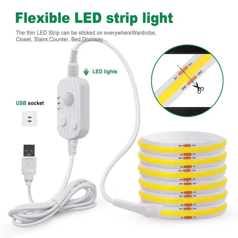 8MM COB LED Strip Light Motion Sensor Dimmable Flexible LED Ribbon USB Powered for Under Cabinet Kitchen Stairs Nightlights