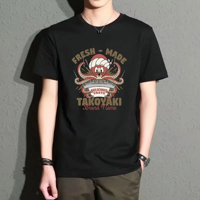 Men's Black Round-Neck Short-Sleeved T-Shirt, Takoyaki-Themed Print Casual Top, Comfortable and Breathable for Everyday Wear, Trendy and Versatile, New Summer Style