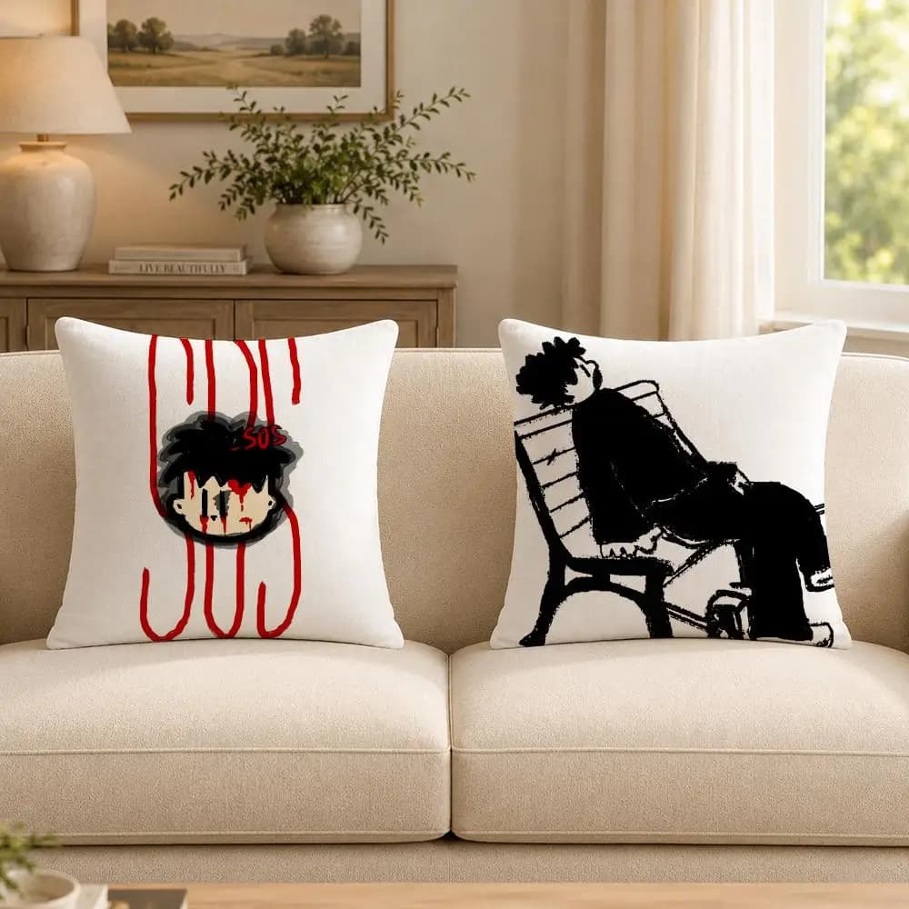 Art A-American g-graffiti Cushion Cover Soft Short Plush Decorative Pillow Cover for Sofa Bedroom Double-Sided Print