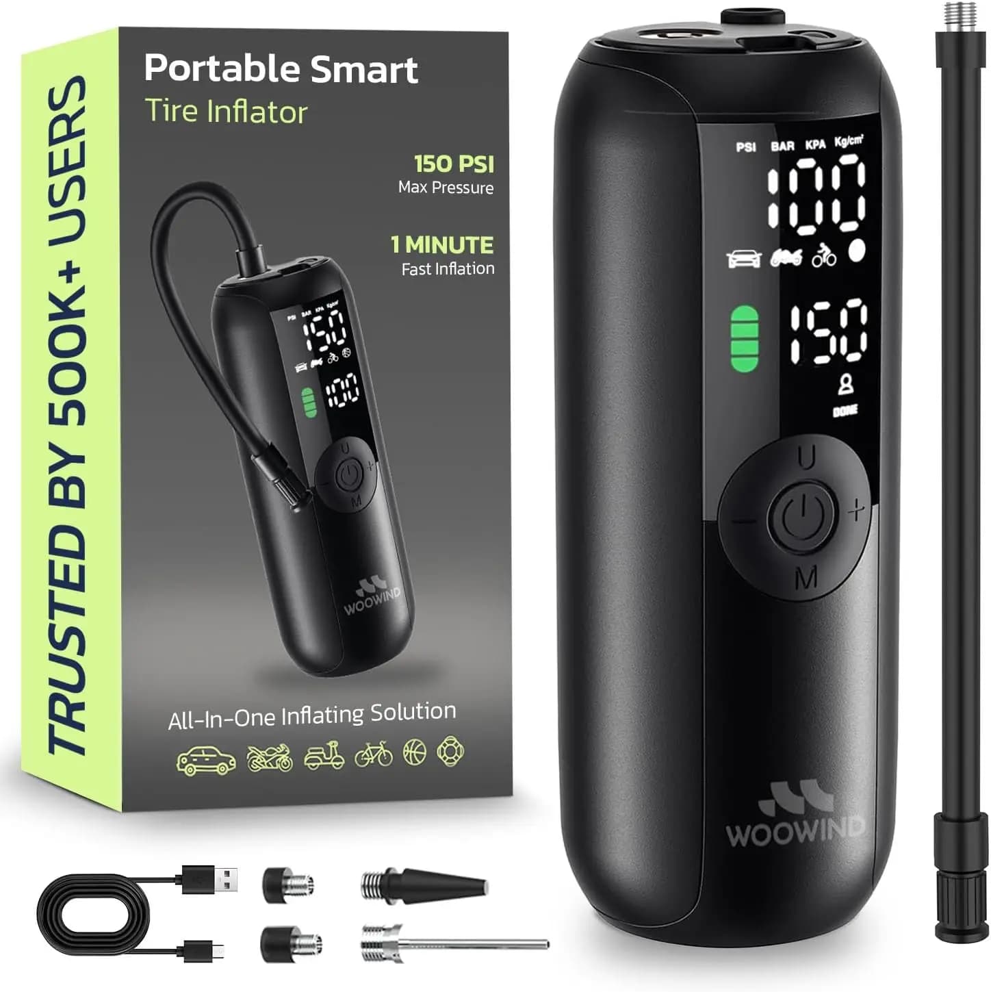 Portable Air Compressor Tire Inflator, 150PSI Cordless Car Tire Pump with Digital Pressure Gauge, 1 Minute Fast Inflation for Car, Bike, Motorcycle, Ball