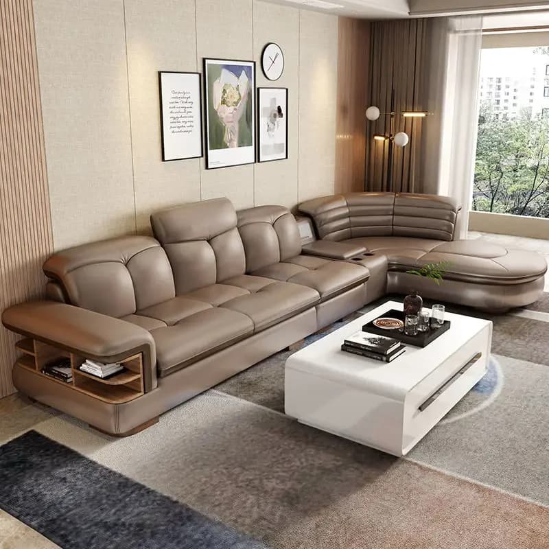 Set di divani componibili di lusso in vera pelle a forma di L con USB, altoparlante Bluetooth - Divani in pelle italiana da soggiorno MINGDIBAO