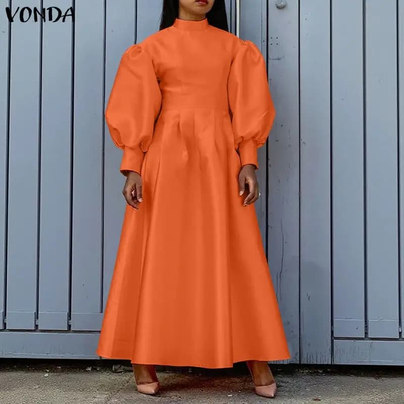 Vestito da festa elegante da donna VONDA taglie forti 5XL, con collo alto, maniche lunghe a sbuffo, tinta unita, casual, in raso di seta, maxi vestito