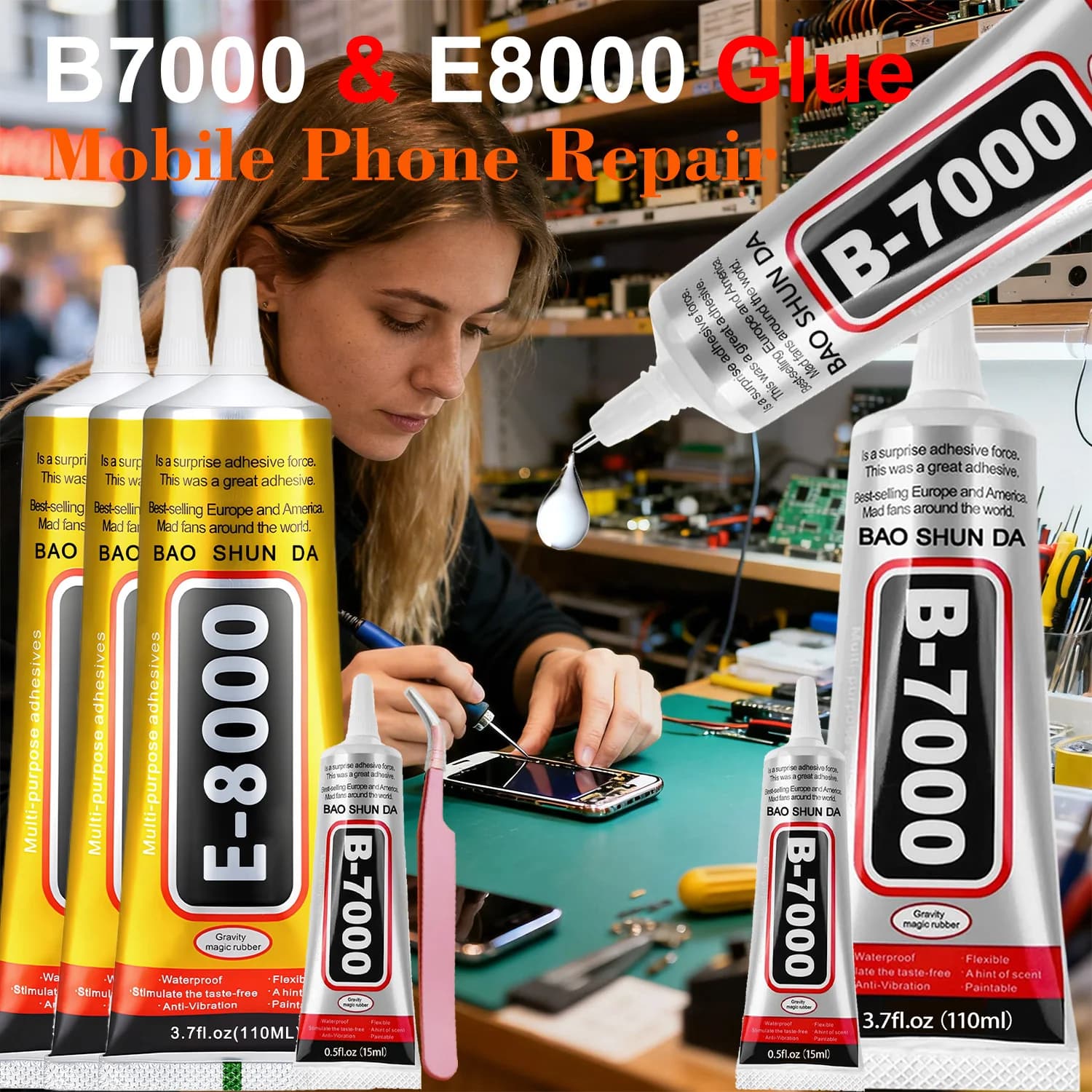 B7000/E8000 Adesivo di nuova generazione per telefoni cellulari e gioielli – Adesivo trasparente e resistente all'acqua da 15/110 ml per riparazioni
