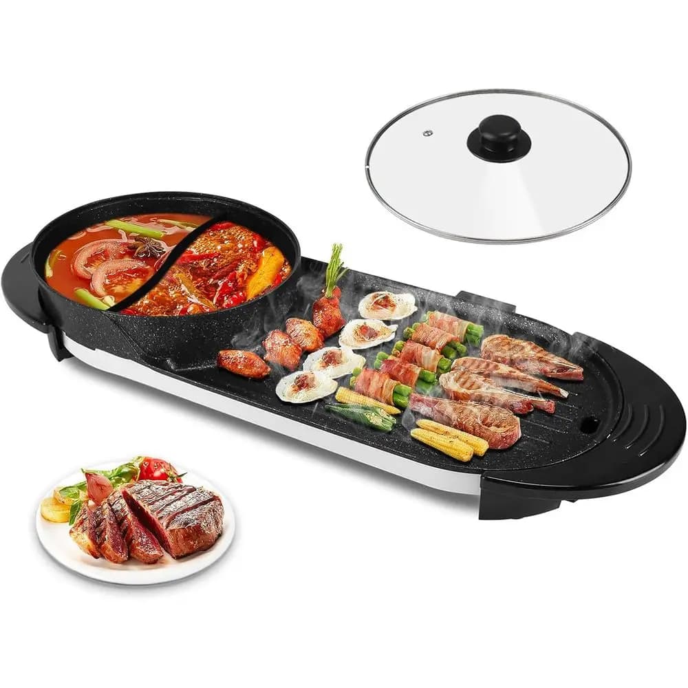 Pentola Elettrica per Hot Pot con Griglia, 2 in 1, Antiaderente, con Griglia BBQ Coreana, Controllo Indipendente della Temperatura, 22