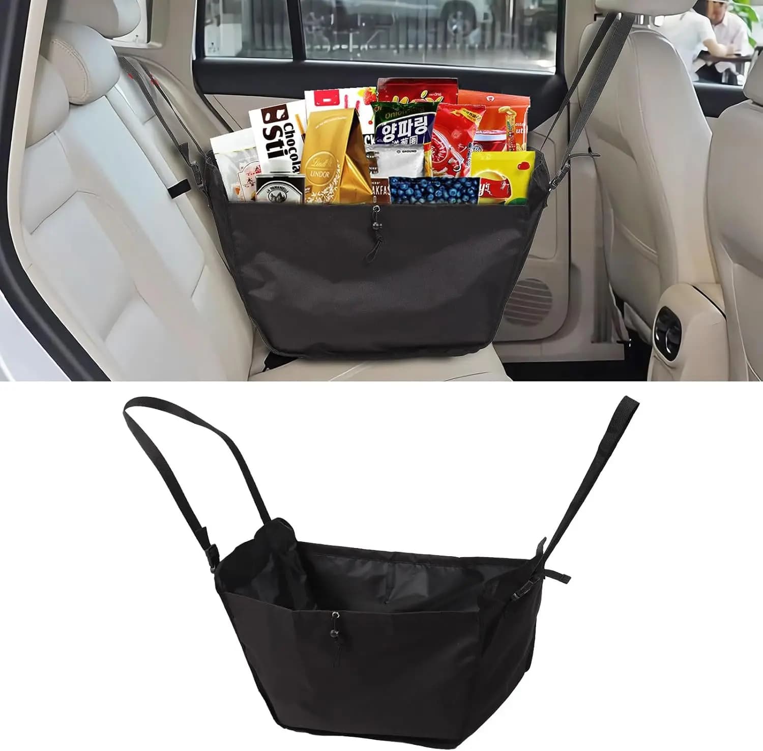 Large Car Seat Organizer - Foldable Passenger Storage Bag, Multipurpose Travel Tote with Drawstrings