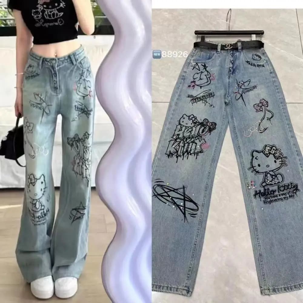 Pantaloni Anime Hello Kitty in Cotone, Jeans Cartoon Comodi, Pantaloni Larghi e Morbidi, Pantaloni a Gamba Dritta Carini per Ragazze