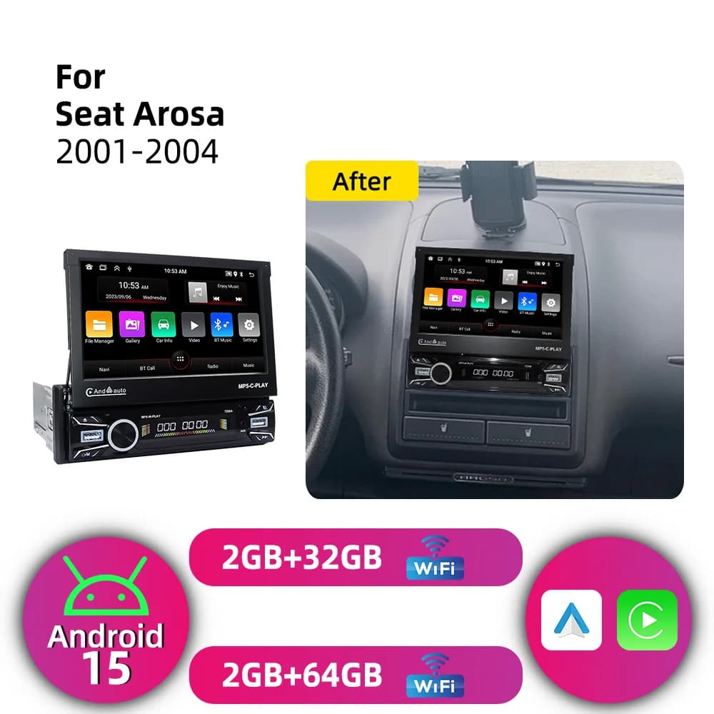 For Seat Arosa 2001-2004 7" Telescopic Screen Android 1 Din Car Stereo CarPlay GPS Multimedia Radio Autoradio Head Unit