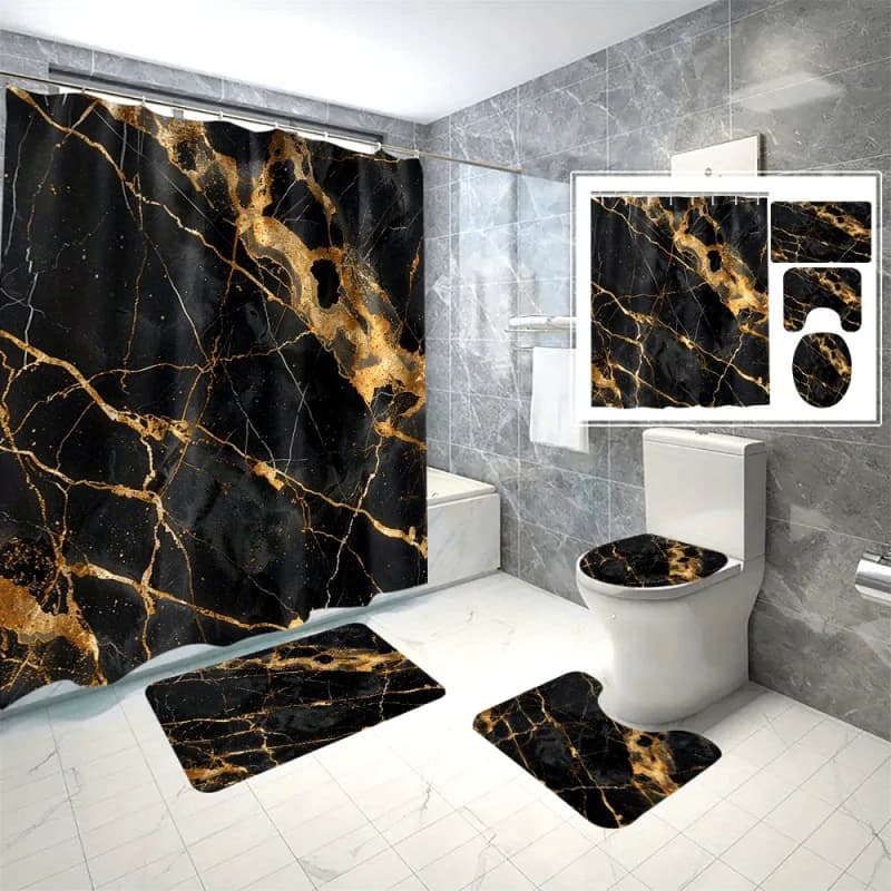 4 pcs/set black and golden marble shower curtain set, 3D digital print, waterproof & mildew resistant bathroom decor