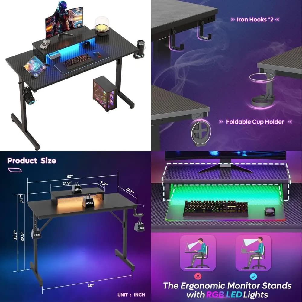 Scrivania da gioco 42 in fibra di carbonio illuminata a LED con supporto per monitor e supporto per cuffie per bambini