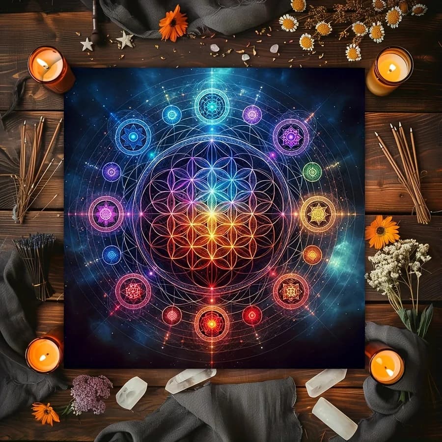 Tovaglia per carte dei tarocchi Chakra Tree of Life, panno per altare Wicca, fantastico design dell'albero della vita per il blocco delle carte Oracle, divinazione