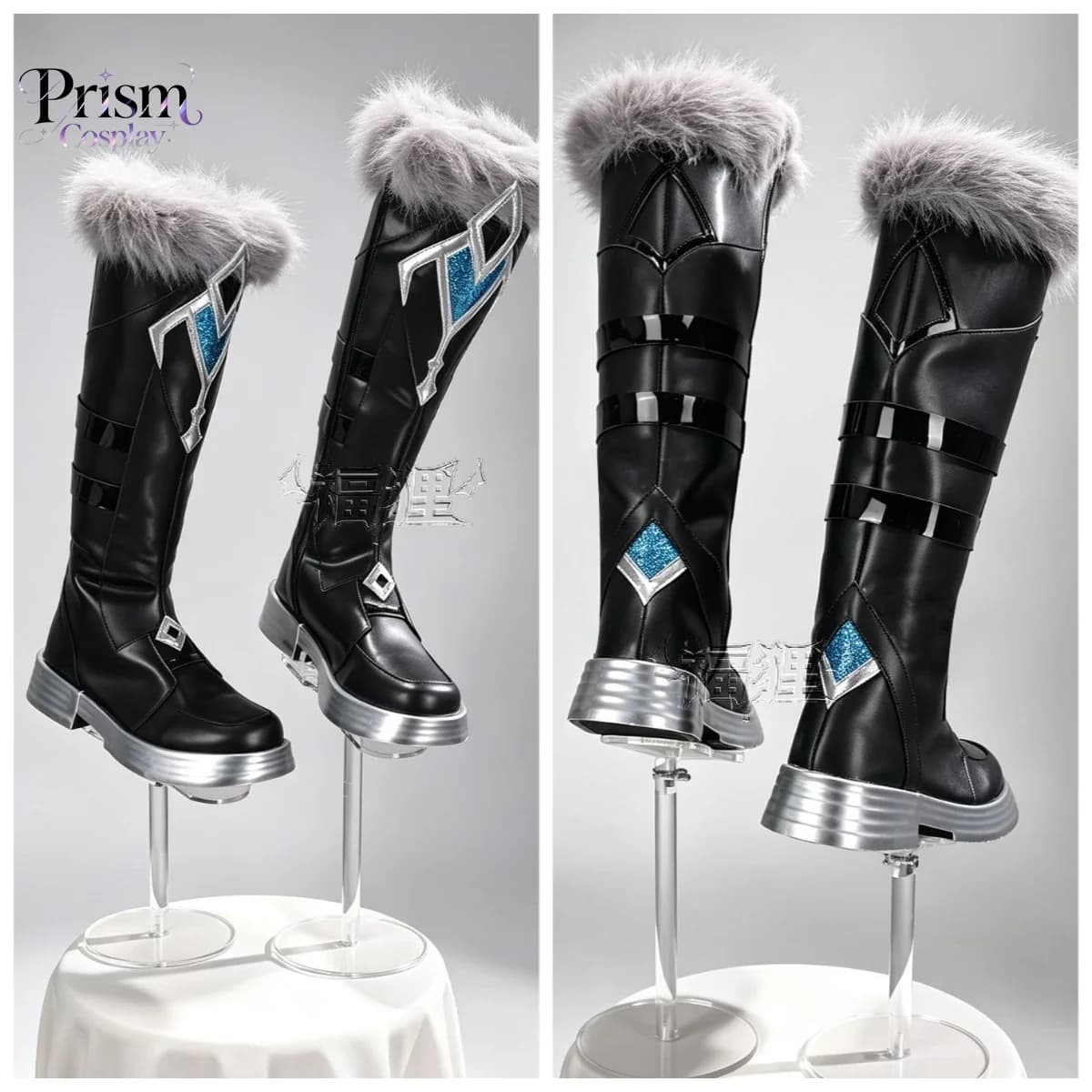 Genshin Impact Traveler Aether Lumine Cosplay Boots Black Knee‑High Boots With Faux Fur For Halloween Comic‑Con Party