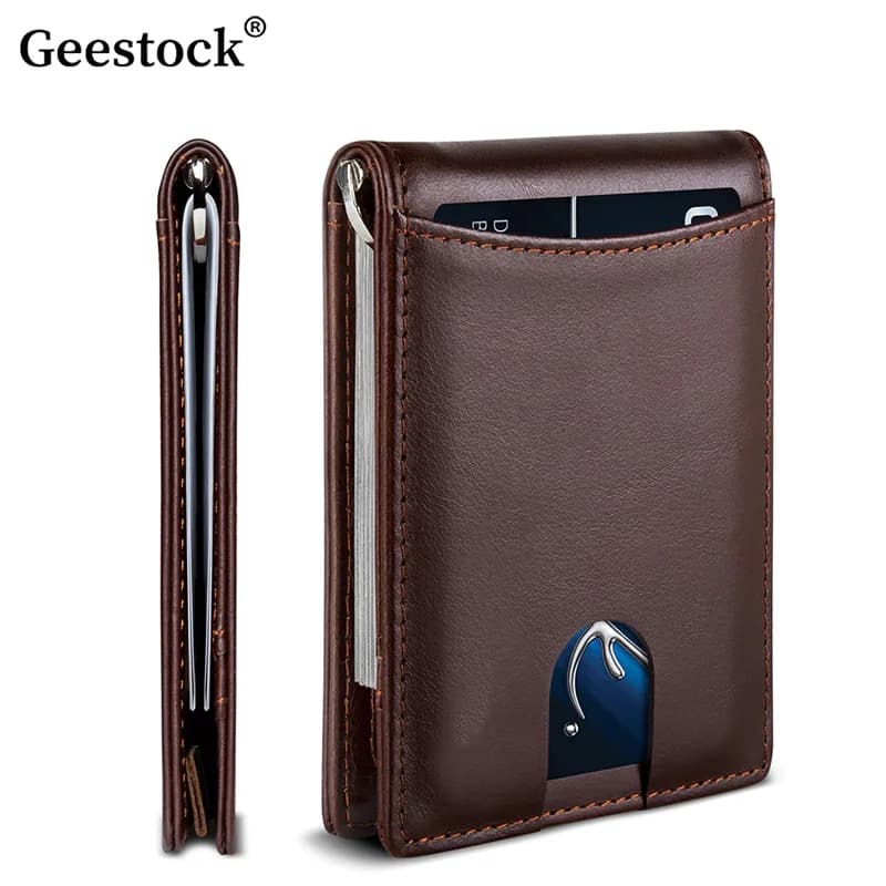 Geestock Portafoglio per carte di credito a 2 pieghe in pelle microfibra Rfid Spazzola antifurto Dollar Clip Portamonete corto da uomo Porta carte sottile