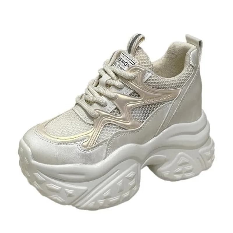 Women Autumn Breathable Chunky Sneakers Lace Up Platform Sports Shoes Woman Thick Bottom 10CM High Heels Female Wedges Sneaker