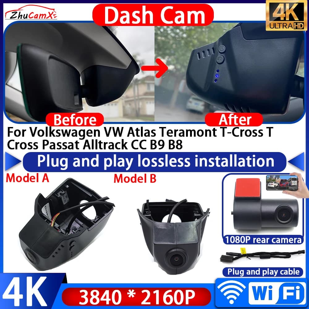 For Volkswagen VW Atlas Teramont T-Cross T Cross Passat Alltrack CC B9 B8 Dash Cam Camera 4K Plug And Play Video Recorder 170°