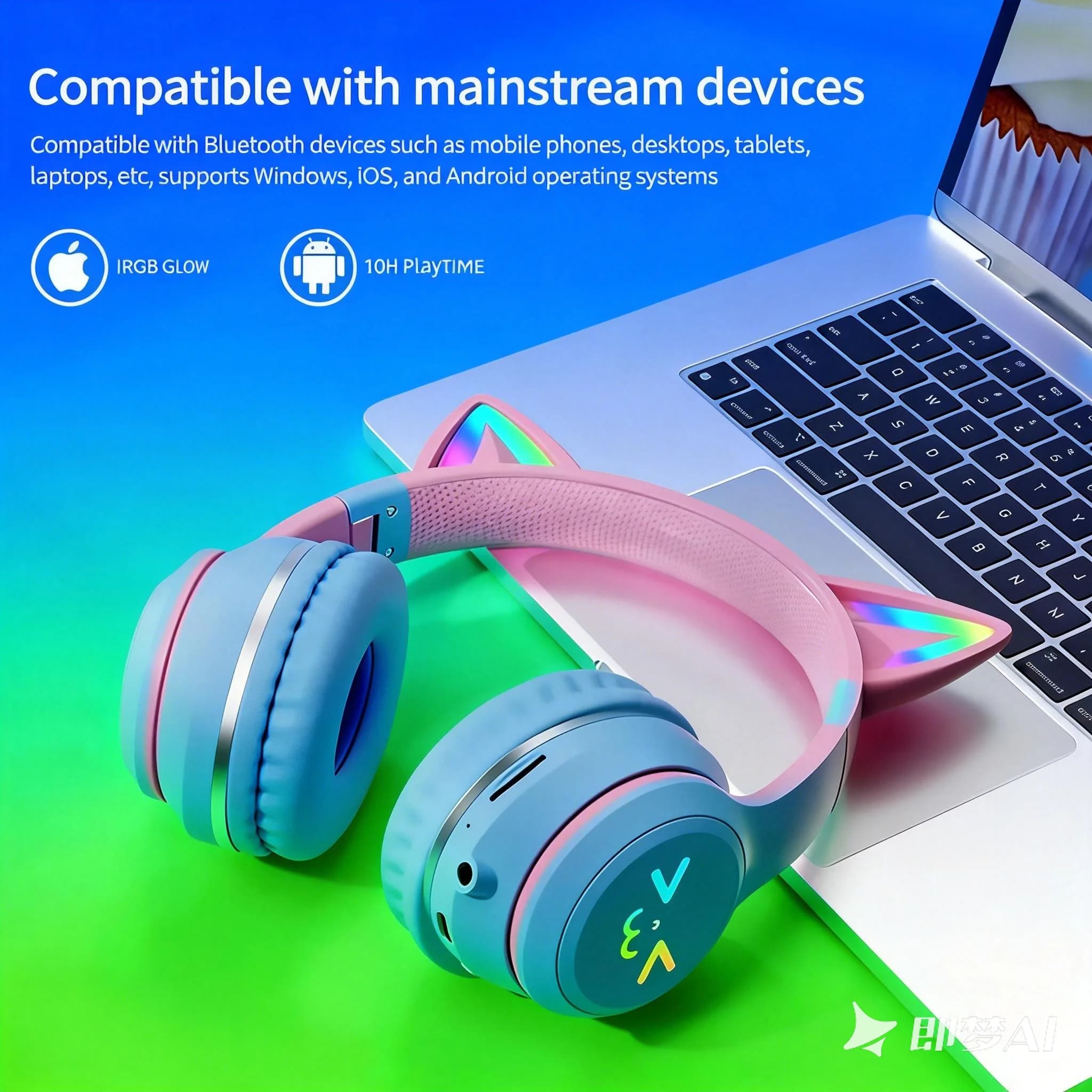 2026 New Bluetooth 5.3 RGB Glow Cat Ear Gamer Headphones with microphone MP3 player for sport
