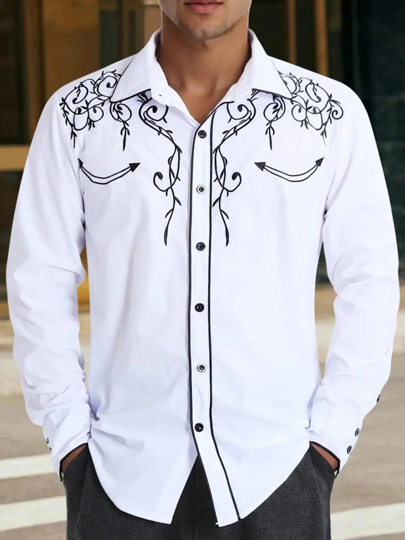 Fashion Western Style Embroidered Shirt Long-Sleeved Solid Color American Western Long Sleeve Shirt