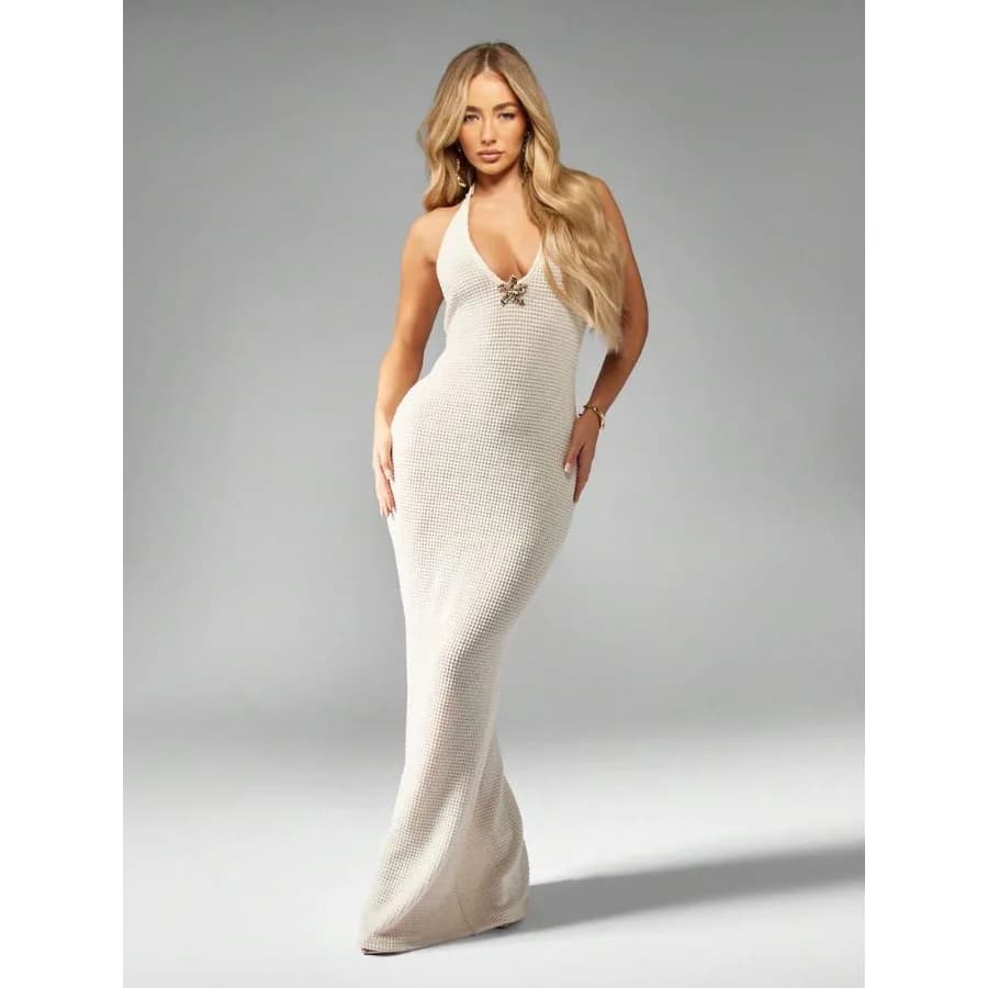 Crochet Maxi Dress With Crystal Brooch Detail, Elegant Long Evening Gown,Floor-Length Sleeveless Fitted Guest Summer Party Dress