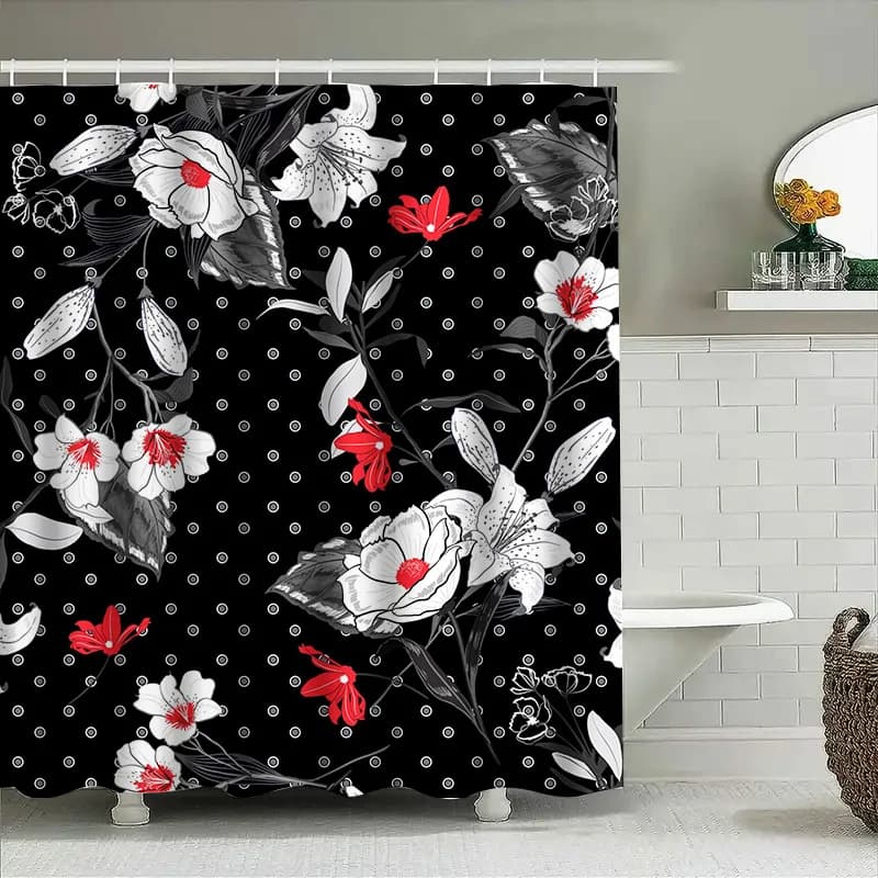 Tenda da doccia floreale nera per l'arredamento del bagno Design moderno di fiori bianchi rossi con set di tessuti impermeabili a pois include asta