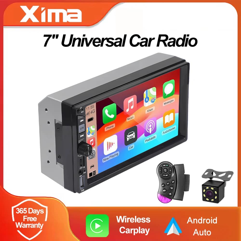 Autoradio 7 Inch 2 Din with Carplay and Android Auto, Multimedia MP5 Player, Universal Mirror Link, Double FM, ISO, USB, Bluetooth