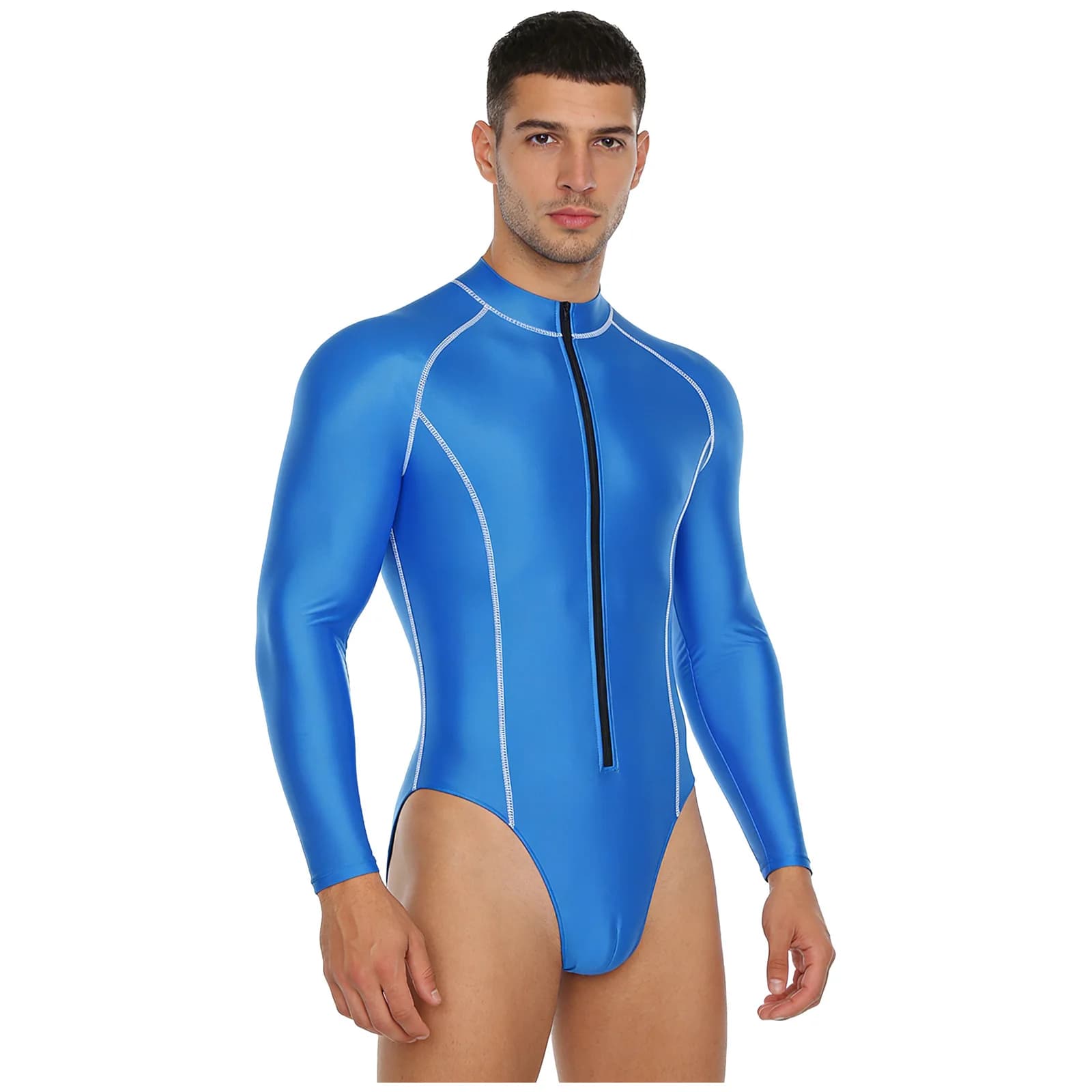 Costumi da bagno da uomo Body lucido Costume da bagno Manica lunga Cerniera frontale Body Tuta Surf Beach Rash Guard Costume da bagno da spiaggia