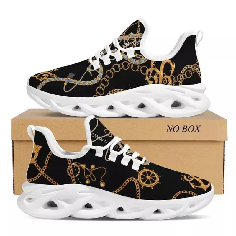 2022 Luxury Floral Women Black Shoes Lace Up Ladies Platform Sneakers Party Outdoor Couple Flat Golden Chain Dropship