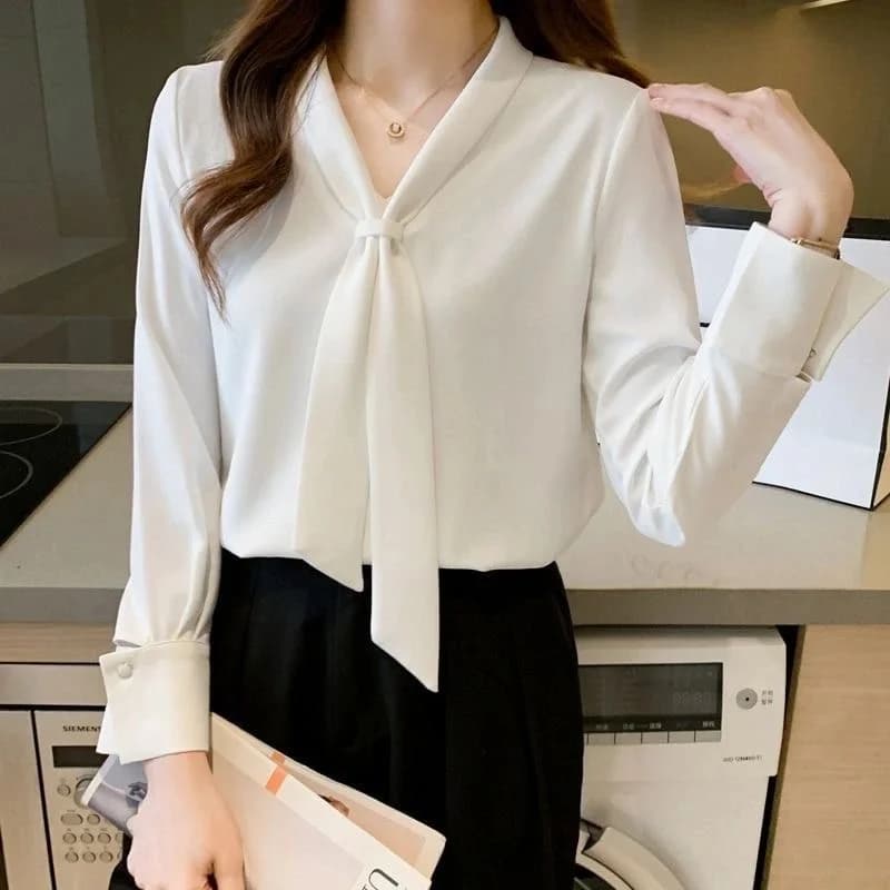 Camicette stile donna primavera estate Camicie Lady Casual Manica lunga Papillon Colletto Camicette di colore bianco Camicie DF4989