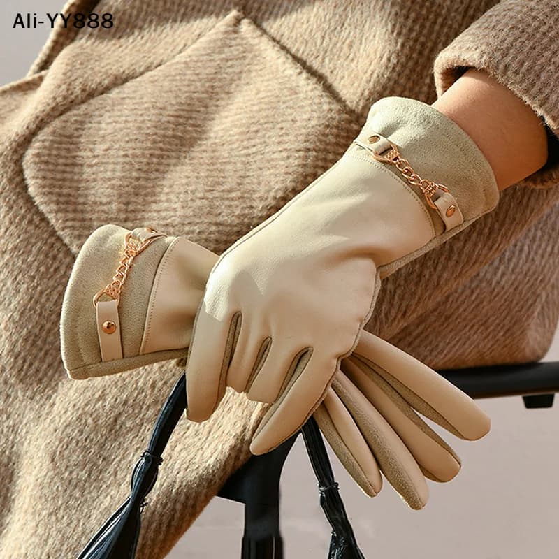 【YY88】Guanti da donna di lusso in pelle proteica foderati in pile, guanti invernali da ciclismo antivento, caldi ed eleganti, con touchscreen