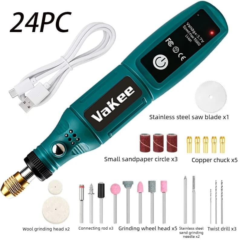 Mini Smerigliatrice Elettrica Portatile Vakee, Utensile Rotante Ricaricabile USB 3.7V, 16000 RPM, Strumento di Precisione per Levigatura e Lucidatura