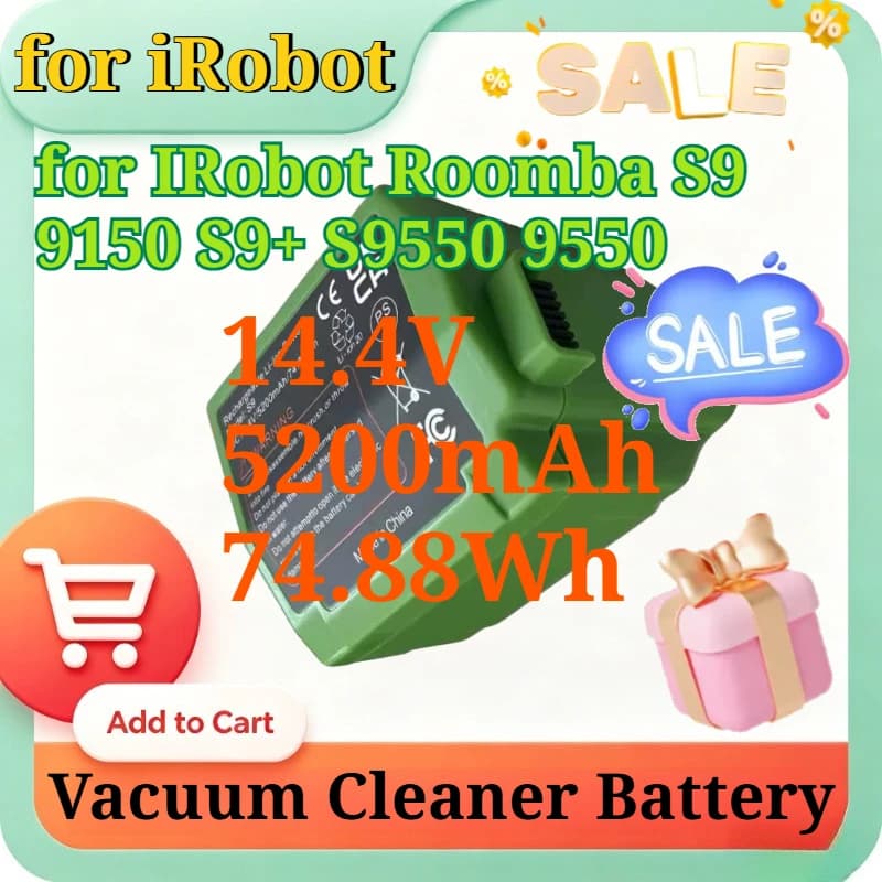 New 14.4V 5200mAh 74.88Wh Robot Vacuum Replacement Battery for IRobot Roomba S9 9150 S9+ S9550 9550 Robot Vacuum Cleaner Battery