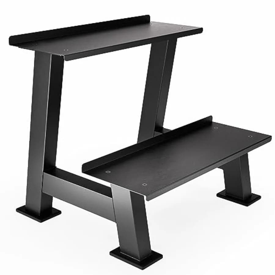 Kettlebell shelf at 2 levels - Gym shelf for the organization of fitness equipment, contains kettlebell, steel structure, black