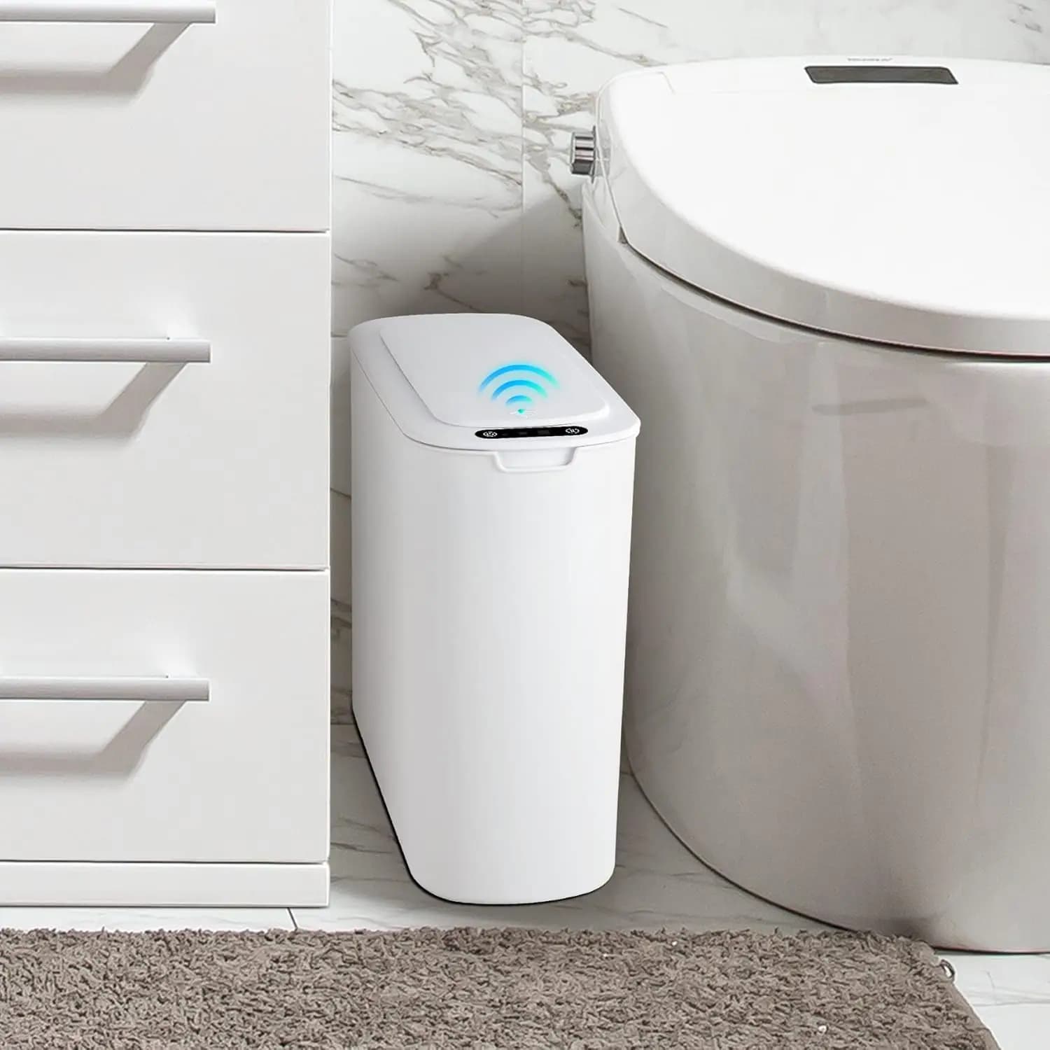 Pattumiera con sensore di movimento senza contatto, cestino per rifiuti da bagno bianco sottile da 2,6 galloni per WC, ufficio, camper, camera da letto, soggiorno