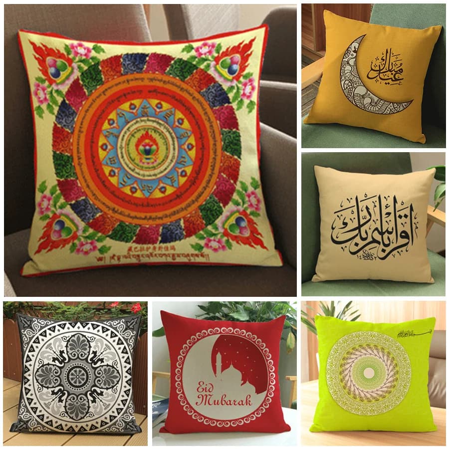 Muslim Floral Cushion Cover Islamic Eid Mubarak Moon Lantern Mosque Ramadan Sofa Decoration Throw Pillow Case cojines