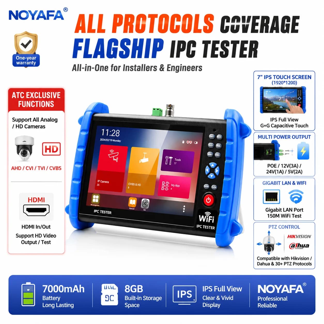 NF-722 CCTV Tester, Mini AHD Monitor for IP Cameras, IPC Tester 4K HDMI VGA, PoE Portable Monitor, CFTV IPC722 ATCHS Cable Tester
