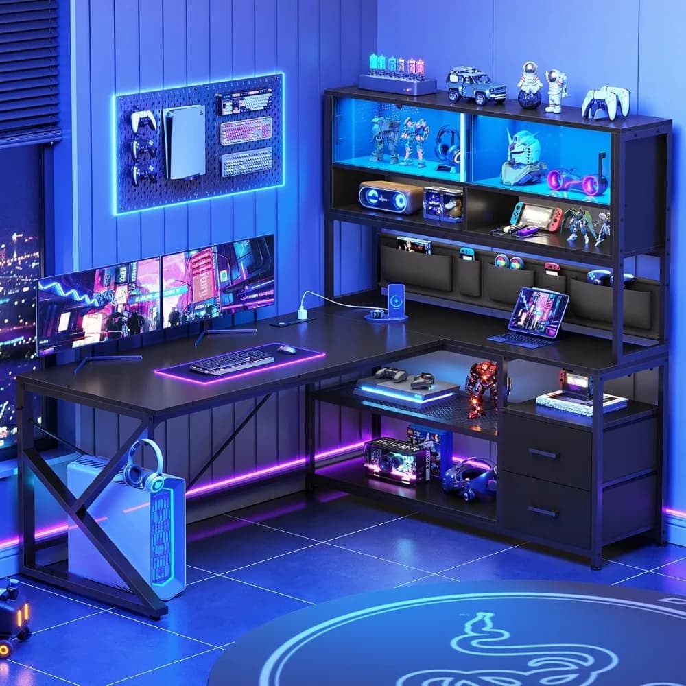 Scrivania da gioco a forma di L, scrivania per computer da ufficio con 2 cassetti e libreria, scrivania da gioco a forma di L con luce a LED, armadietto in vetro