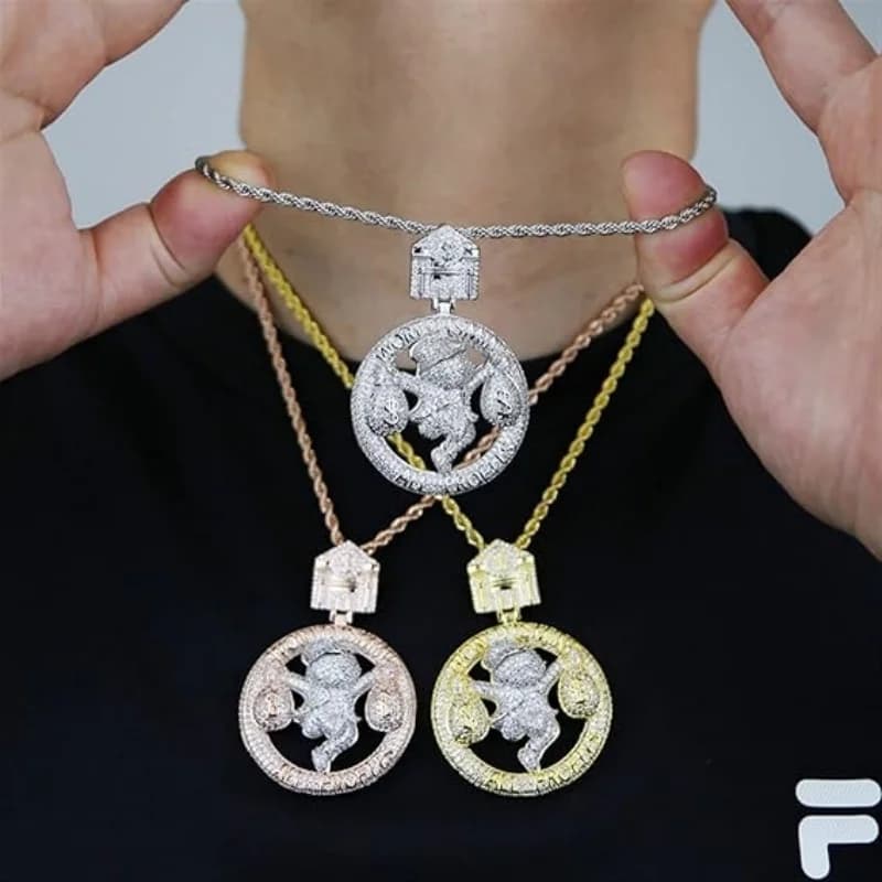 Collana con sacchetto di soldi per ragazzi Hip Hop Ice Bright 5A Cube Zircon Circus, elegante collana di gioielli a catena cubana con lettere