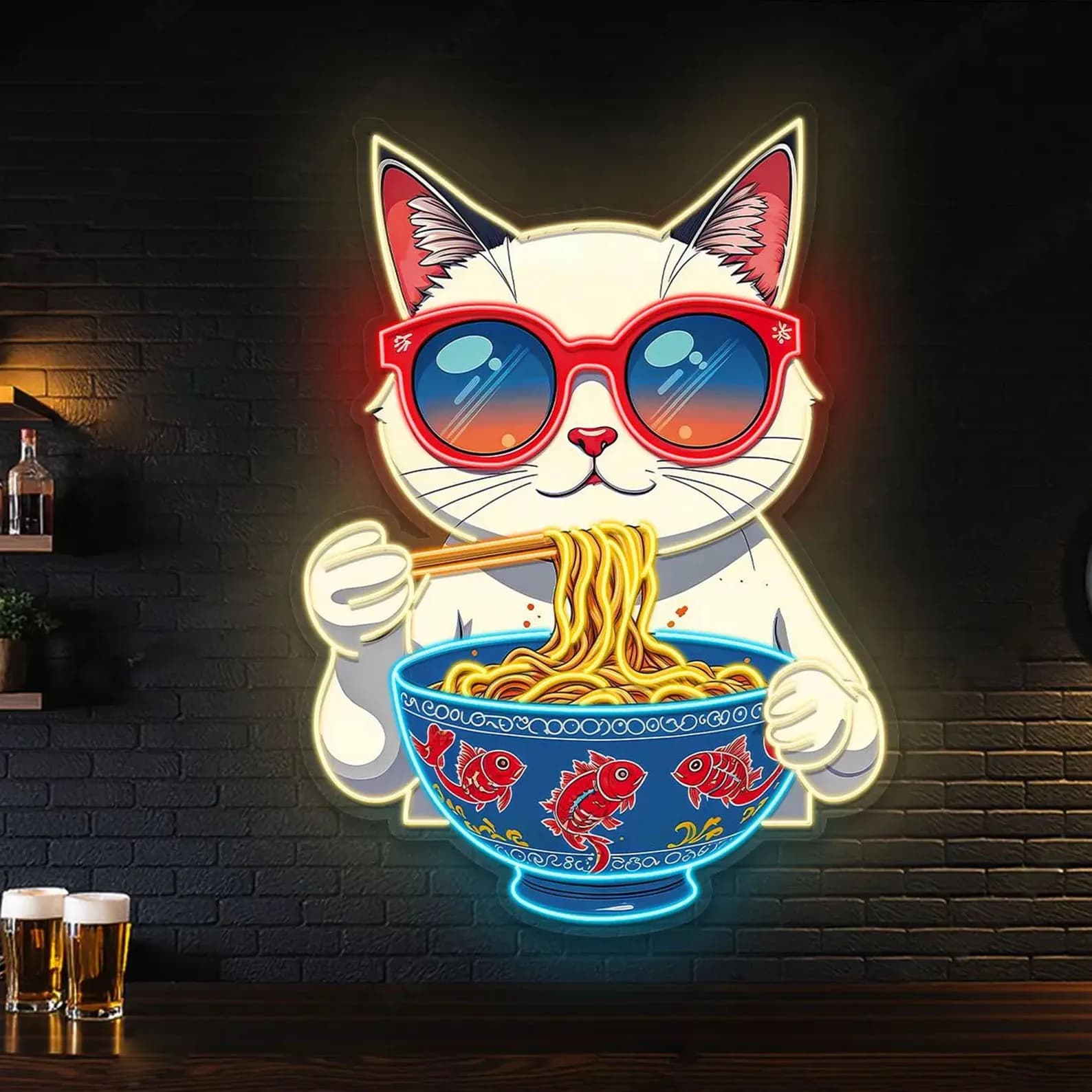 Copper Bowl for Cats UV Printed Neon Teas, Sunglasses Neon Teas for Ramen Cats, Wall Decoration for Noodle for Kawai cats, Neon Tea for Copper Shop