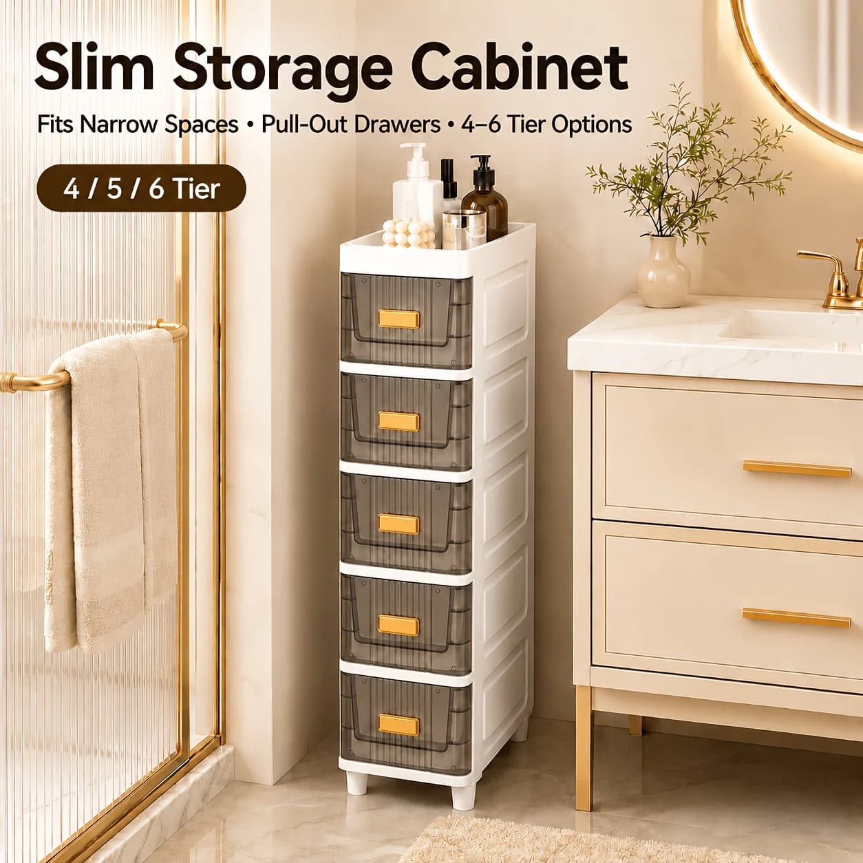 Slim 7.09-Inch Wide Bathroom Cabinet – Pre-Assembled Toilet Paper Holder with Smooth Slide-Out Shelf, Waterproof Design for Damp Areas, Compact Rolling Organizer Perfect for Tight Spaces, Versatile Use in Bathrooms, Kitchens, Bedrooms & Living Areas, Spac