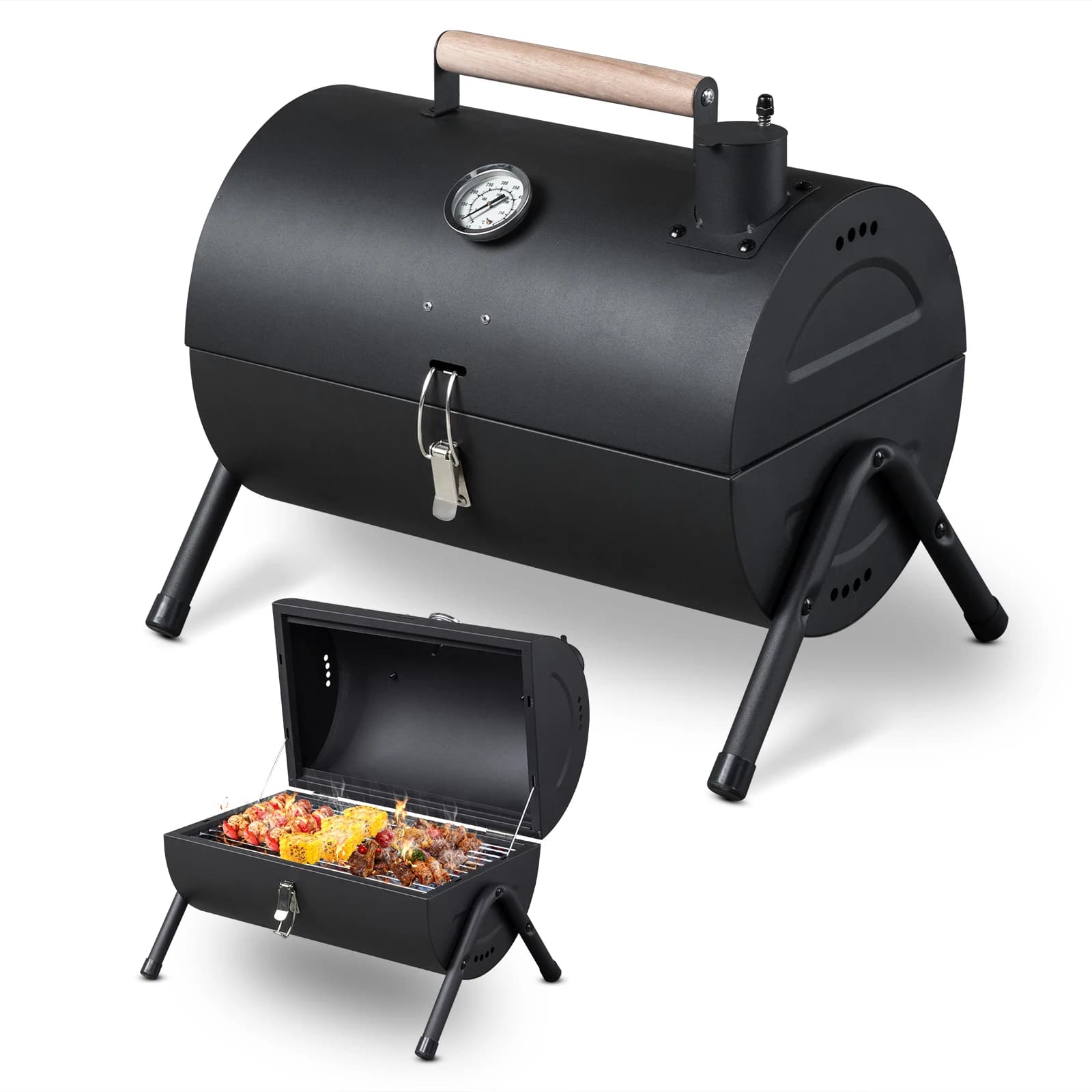 Griglia a Carbone Portatile con Termometro e Manico in Legno, Barbecue Compatto da Tavolo per Campeggio, Feste in Giardino