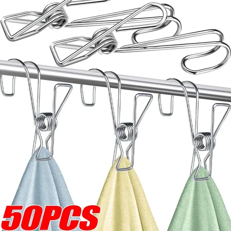 50/10PCS Multi-Purpose Stainless Steel Clothespins with Hooks Metal Spring Clips Hanging Towel Clips for Kitchens Bathroom